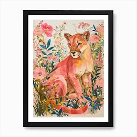 Floral Animal Painting Mountain Lion 2 Art Print