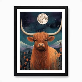 Highland Cow In Moonlight Textured Illustration 3 Art Print