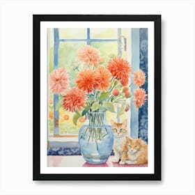 Cat With Chrysanthemum Flowers Watercolor Mothers Day Valentines 3 Art Print