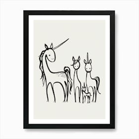 Minimalist Black & White Unicorn Doodle 3 Art Print