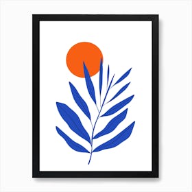 Blue Leaf Orange Sun Art Print