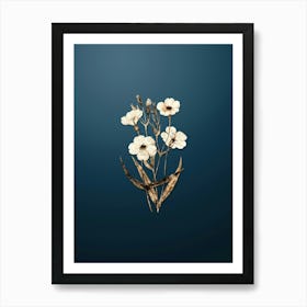 Gold Botanical Dark Eyed Viscaria Flower Branch on Dusk Blue n.2781 Art Print