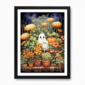Cute Bedsheet Ghost, Botanical Halloween Watercolour 99 Art Print