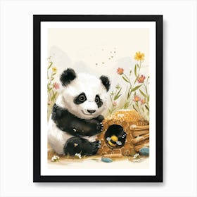 Giant Panda Cub Playing With A Beehive Storybook Illustration 3 Art Print