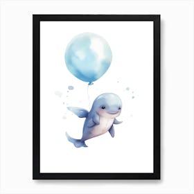 Baby Dolphin Flying With Ballons, Watercolour Nursery Art 1 Art Print