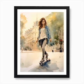Girl Skateboarding In Paris, France Watercolour 2 Art Print