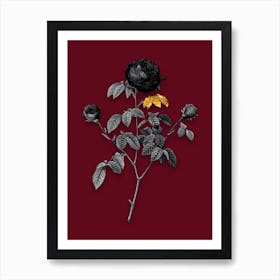 Vintage Agatha Rose in Bloom Black and White Gold Leaf Floral Art on Burgundy Red n.0658 Art Print