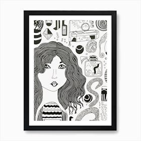 A Woman Thoughts Black And White Line Art Art Print