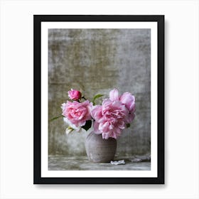 Mini Pink Peony Flower Bouquet In Gray Vase Art Print