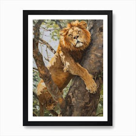 African Lion Climbing A Tree Acrylic Painting 3 Art Print