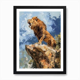 Barbary Lion Roaring On A Cliff Acrylic Painting 1 Art Print