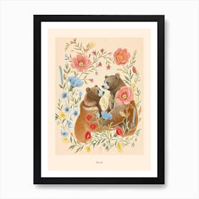 Folksy Floral Animal Drawing Bear 4 Poster Art Print