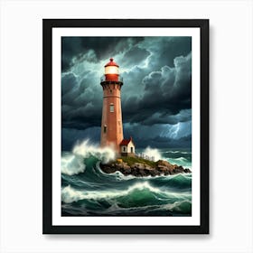 Lighthouse In The Storm Art Print