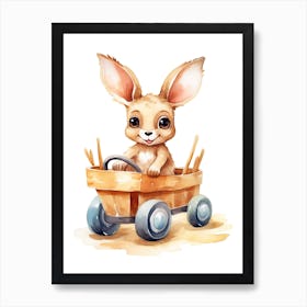 Baby Kangaroo On Toy Car, Watercolour Nursery 1 Art Print