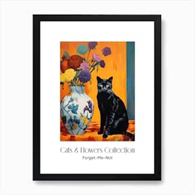 Cats & Flowers Collection Forget Me Not Flower Vase And A Cat, A Painting In The Style Of Matisse 0 Art Print