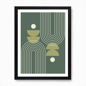 Modern Mid Century Sun, Moon Phases and Rainbow Abstract 20 in Forest Sage Green Art Print