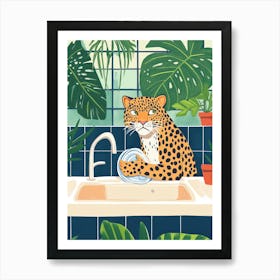 Boho Leopard Washing Dishes Art Print