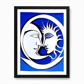 Sun And Moon 1 Symbol Blue And White Line Drawing Art Print