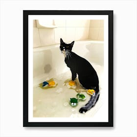 Cat Bathing In Bath Tub With Toys In It Art Print