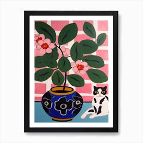 A Painting Of A Still Life Of A Camellia With A Cat In The Style Of Matisse  4 Art Print