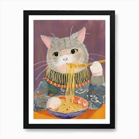 Grey Cat Pasta Lover Folk Illustration 3 Art Print