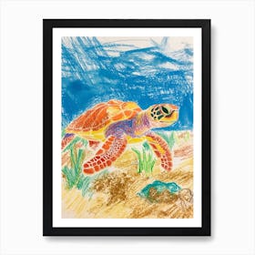 Sea Turtle On The Beach Crayon Doodle 1 Art Print