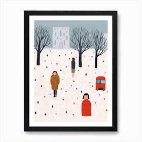 London Winter Red Bus Scene, Tiny People And Illustration  Art Print