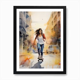 Girl Skateboarding In San Francisco, United States Watercolour 1 Art Print