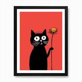 Black Cat With Flower 1 Art Print