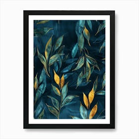 Gold Leaves On A Blue Background 1 Art Print