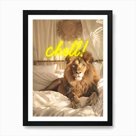 Lion on bed, neon Chill sign Art Print