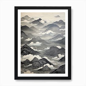 Yatsugatake Mountains In Yamanashi, Ukiyo E Black And White Line Art Drawing 1 Art Print