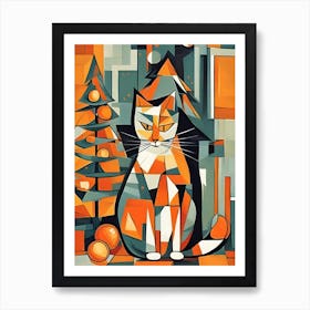 Cat with Oranges and Christmas Tree Cubism Art Print