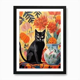 Poppy Flower Vase And A Cat, A Painting In The Style Of Matisse 1 Art Print