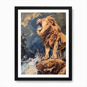 African Lion Roaring On A Cliff Acrylic Painting 1 Art Print