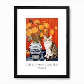Cats & Flowers Collection Marigold Flower Vase And A Cat, A Painting In The Style Of Matisse 5 Art Print