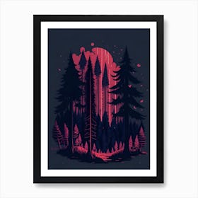 A Fantasy Forest At Night In Red Theme 4 Art Print