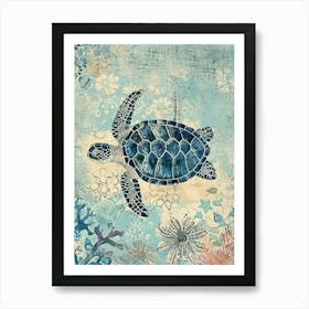 Blue Pastel Sea Turtle Scrapbook Collage Art Print