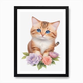 Cute Cat With Flowers Art Print