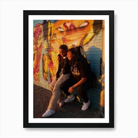 Best Friends Embracing Capturing An Intimate Candid Moment Smiles Creasing Their Faces One Drape (5) Art Print