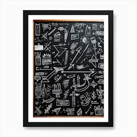 Blackboard Covered In A Collage Of Hand Drawn Icons Arrows And Abstract Doodles Symbolizing Direc Art Print