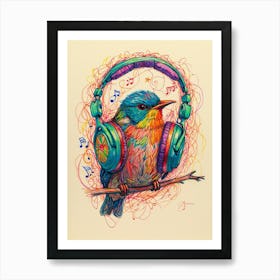 Bird With Headphones Art Print