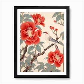 Camellia And Bird Vintage Japanese Botanical Art Print