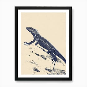 Navy Blue Iguana Block Print 2 Art Print