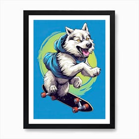 Alaskan Malamute Dog Skateboarding Illustration 1 Art Print