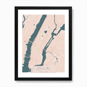 Manhattan New York Pink and Blue Cute Script Street Map 1 Art Print