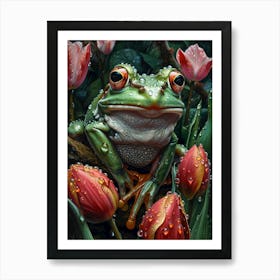 Frog with tulips Art Print