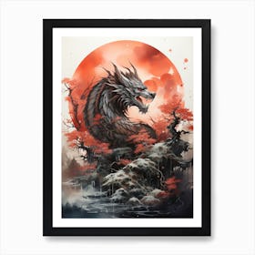 Dragon, Japanese Brush Painting, Ukiyo E, Minimal 3 Art Print