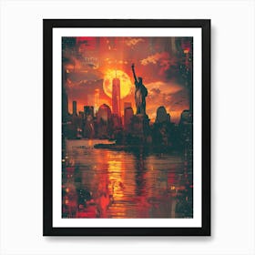 New York City Sunset, Cityscape Collage Retro Art Print