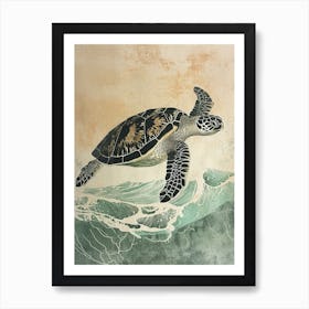 Sea Turtle & The Waves Vintage Illustration 2 Art Print